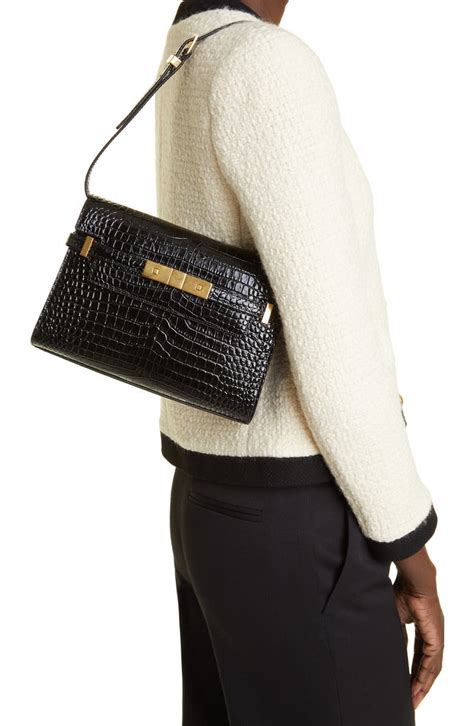 Saint Laurent Small Manhattan Croc Embossed Shoulder Bag